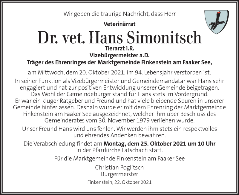  Traueranzeige für Hans Simonitsch vom 23.10.2021 aus Kleine Zeitung