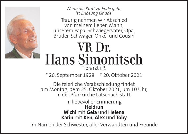  Traueranzeige für Hans Simonitsch vom 24.10.2021 aus Kleine Zeitung