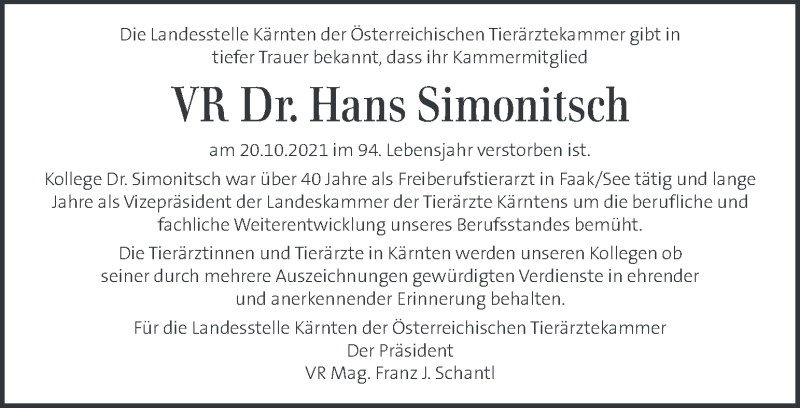  Traueranzeige für Hans Simonitsch vom 26.10.2021 aus Kleine Zeitung