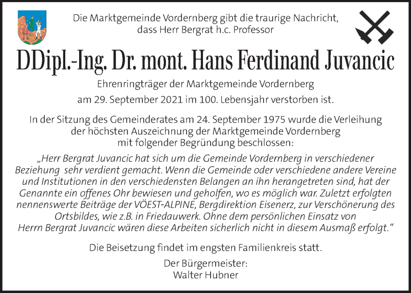  Traueranzeige für Hans Ferdinand Juvancic vom 08.10.2021 aus Kleine Zeitung