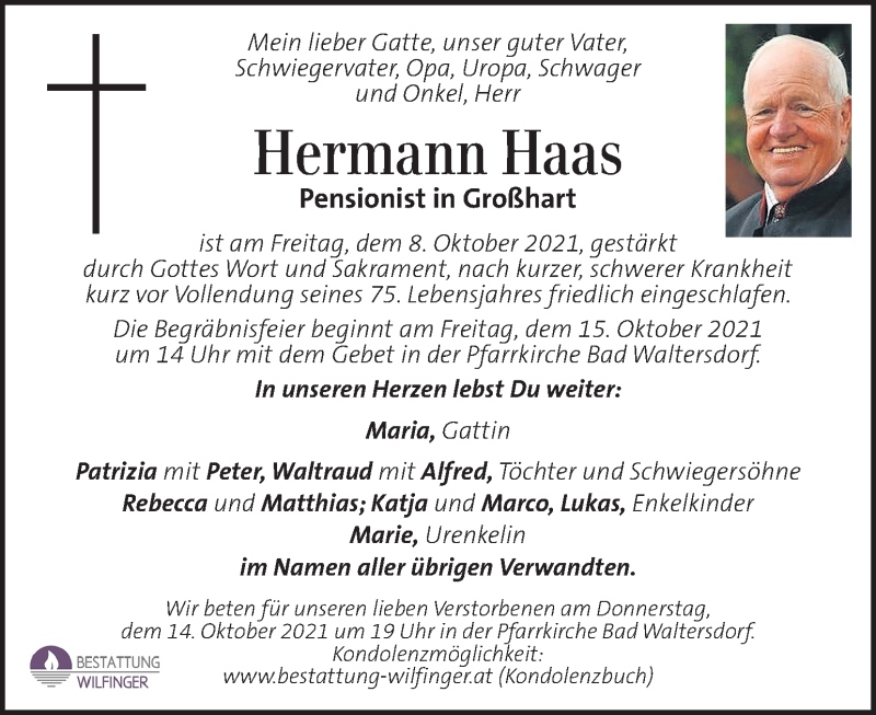  Traueranzeige für Hermann Haas vom 13.10.2021 aus Kleine Zeitung