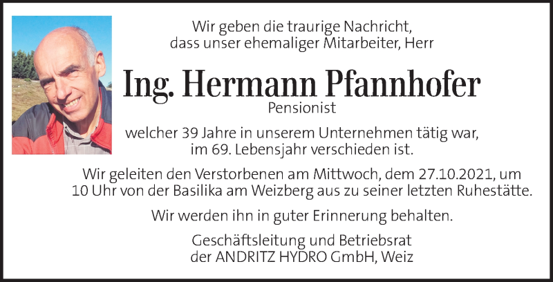  Traueranzeige für Hermann Pfannhofer vom 23.10.2021 aus Kleine Zeitung