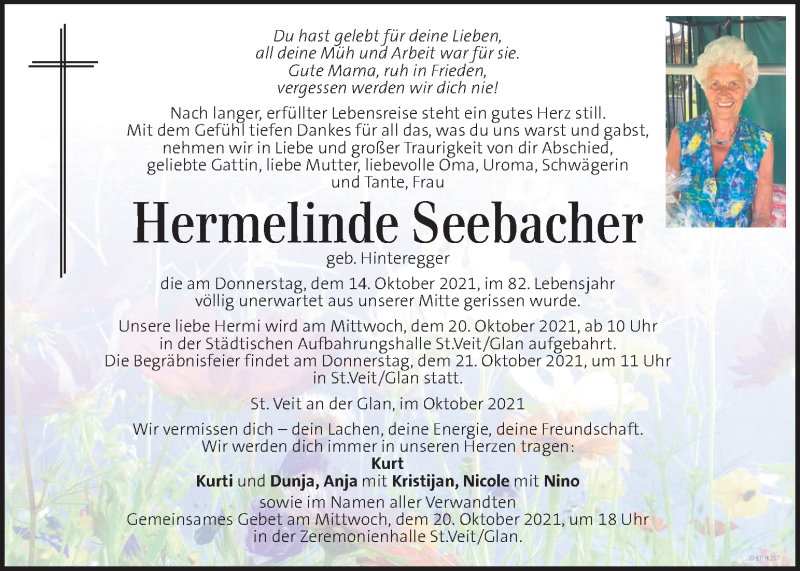  Traueranzeige für Hermelinde Seebacher vom 20.10.2021 aus Kleine Zeitung