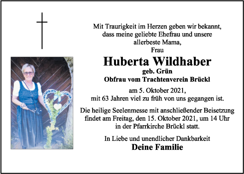  Traueranzeige für Huberta Wildhaber vom 10.10.2021 aus Kleine Zeitung
