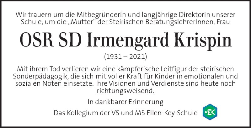  Traueranzeige für Irmengard Krispin vom 21.10.2021 aus Kleine Zeitung