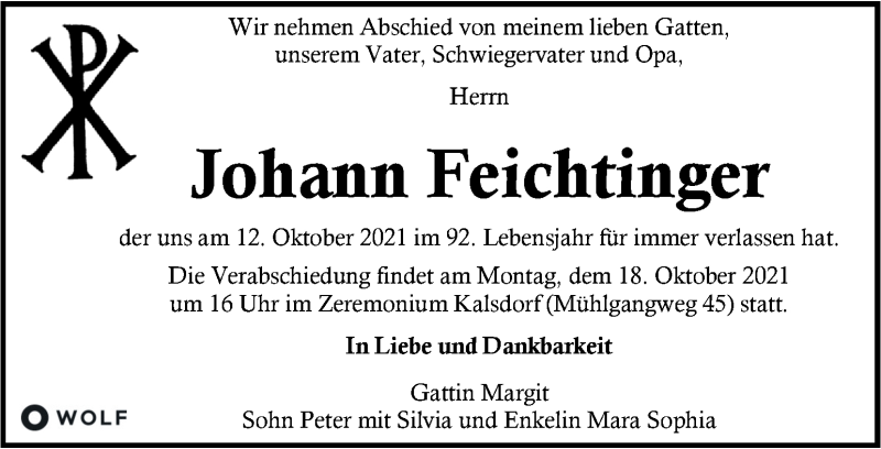  Traueranzeige für Johann Feichtinger vom 15.10.2021 aus Kleine Zeitung
