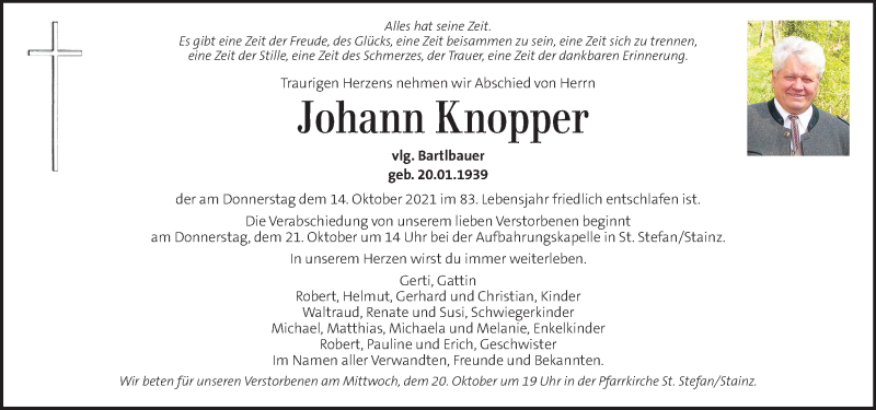  Traueranzeige für JohannJohann Knopper vom 20.10.2021 aus Kleine Zeitung