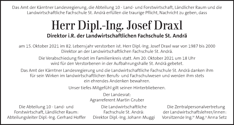  Traueranzeige für Josef Draxl vom 20.10.2021 aus Kleine Zeitung