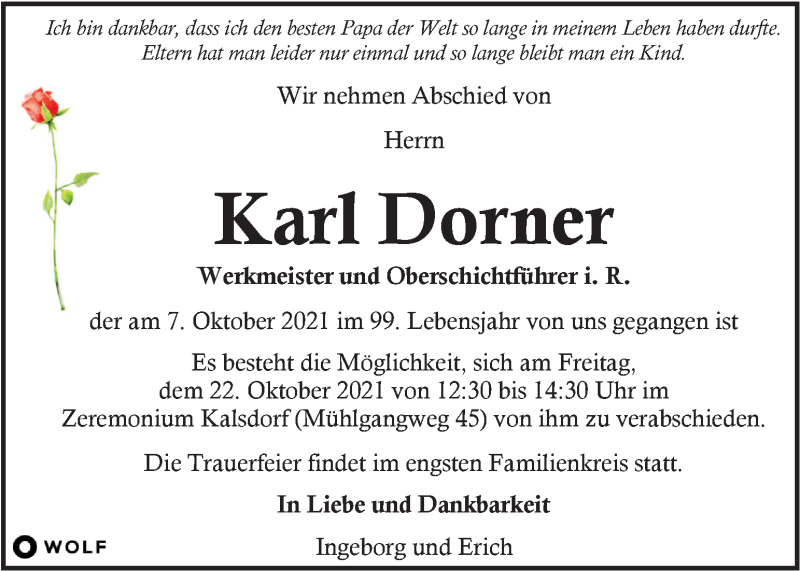  Traueranzeige für Karl Dorner vom 20.10.2021 aus Kleine Zeitung