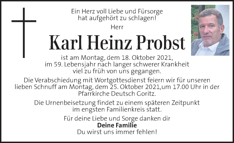  Traueranzeige für Karl Heinz Probst vom 23.10.2021 aus Kleine Zeitung