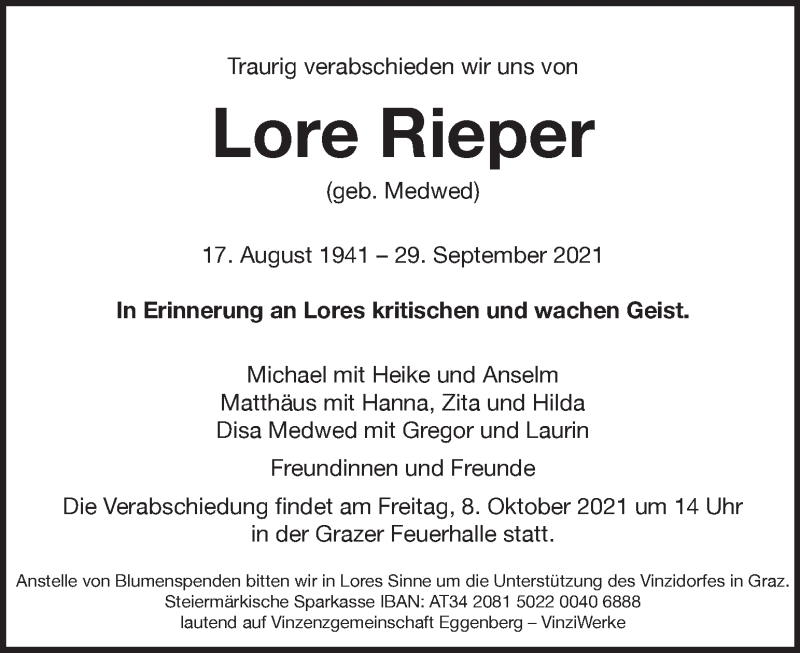 Traueranzeige für Lore Rieper vom 02.10.2021 aus Kleine Zeitung