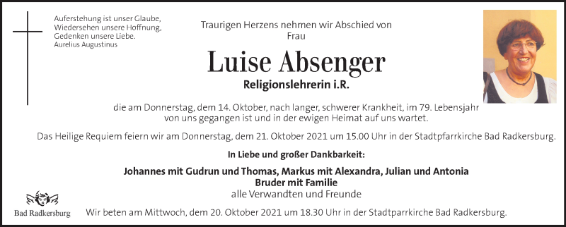  Traueranzeige für Luise Absenger vom 19.10.2021 aus Kleine Zeitung