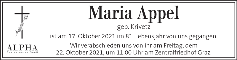  Traueranzeige für Maria Appel vom 20.10.2021 aus Kleine Zeitung