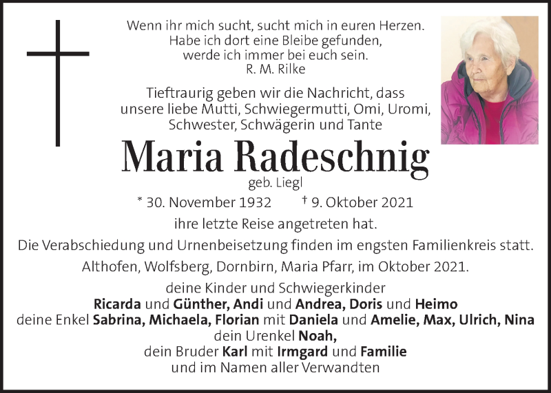  Traueranzeige für Maria Radeschnig vom 14.10.2021 aus Kleine Zeitung
