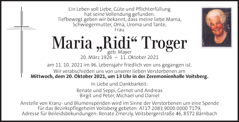  Traueranzeige für Maria Troger vom 19.10.2021 aus Kleine Zeitung