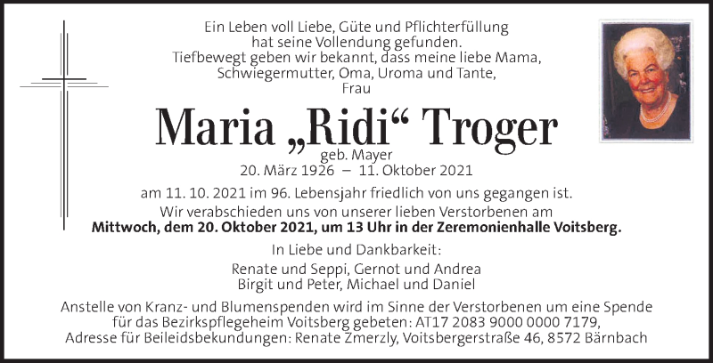  Traueranzeige für Maria Troger vom 20.10.2021 aus Kleine Zeitung
