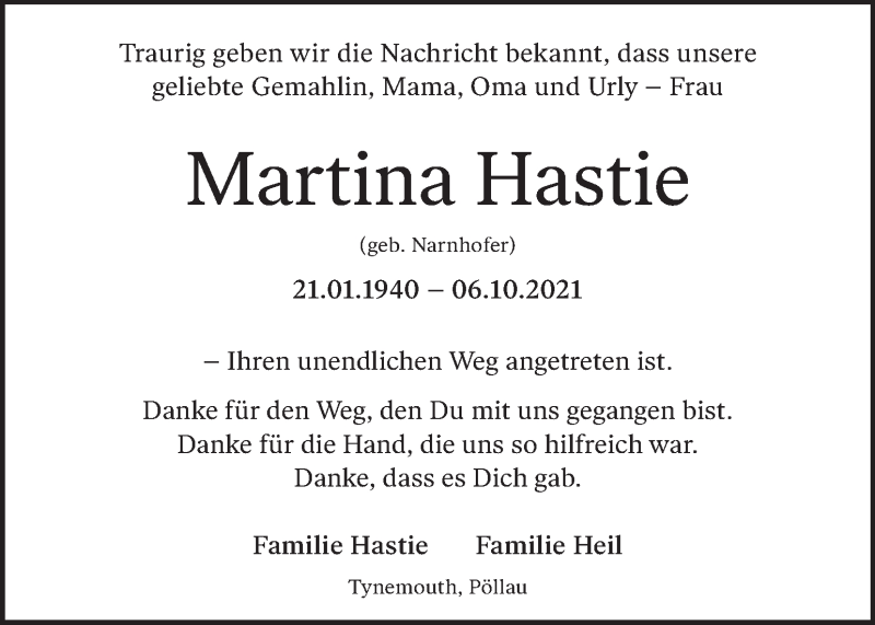  Traueranzeige für Martina Hastie vom 31.10.2021 aus Kleine Zeitung