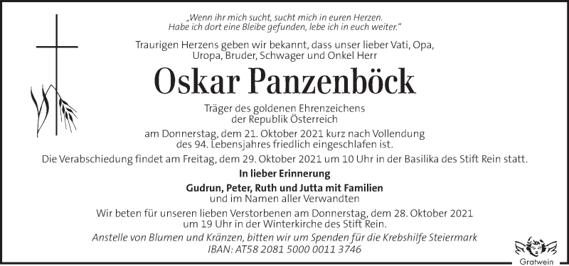  Traueranzeige für Oskar Panzenböck vom 26.10.2021 aus Kleine Zeitung