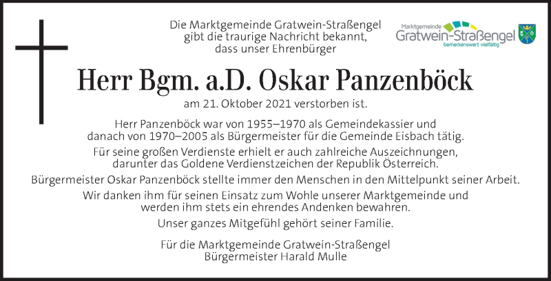  Traueranzeige für Oskar Panzenböck vom 28.10.2021 aus Kleine Zeitung