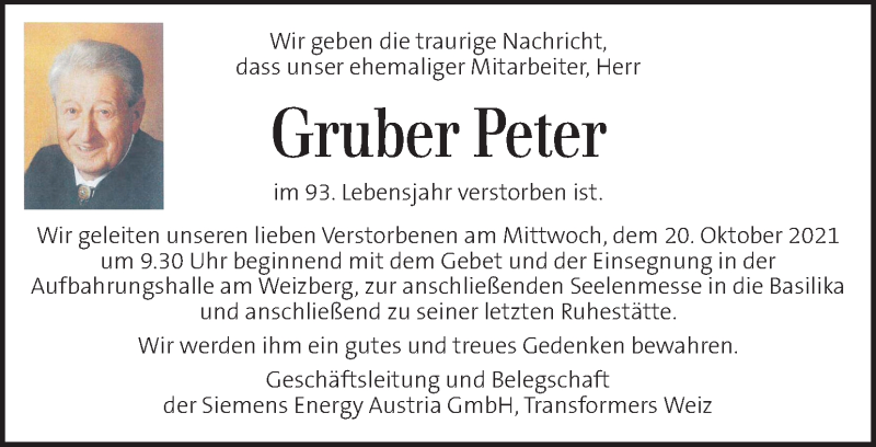  Traueranzeige für Peter Gruber  vom 19.10.2021 aus Kleine Zeitung