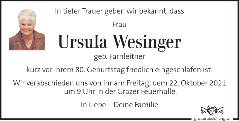  Traueranzeige für Ursula Wesinger vom 20.10.2021 aus Kleine Zeitung