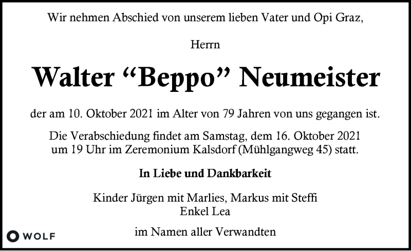  Traueranzeige für Walter Neumeister vom 15.10.2021 aus Kleine Zeitung