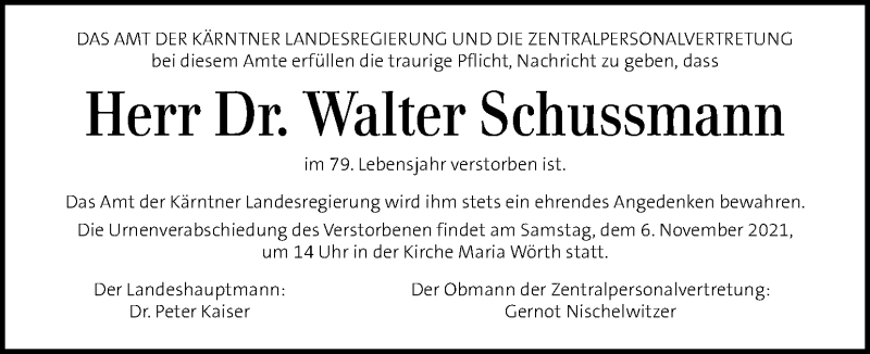  Traueranzeige für Walter Schussmann vom 21.10.2021 aus Kleine Zeitung