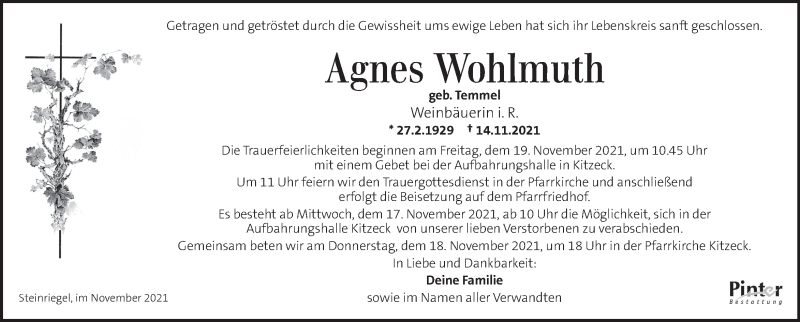  Traueranzeige für Agnes Wohlmuth vom 17.11.2021 aus Kleine Zeitung