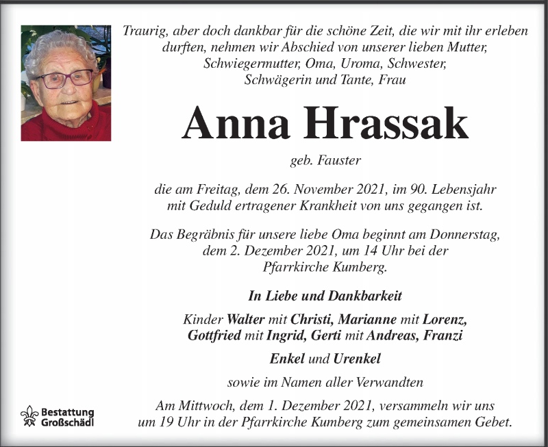  Traueranzeige für Anna Hrassak vom 30.11.2021 aus Kleine Zeitung