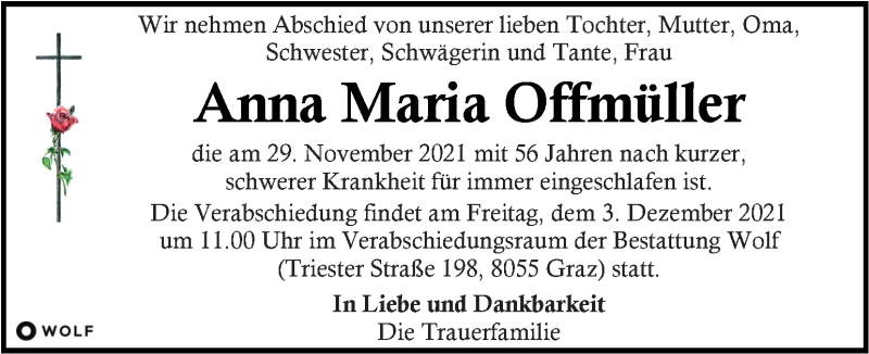  Traueranzeige für Anna Maria Offmüller vom 01.12.2021 aus Kleine Zeitung