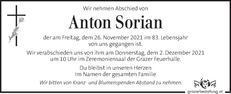  Traueranzeige für Anton Sorian vom 01.12.2021 aus Kleine Zeitung