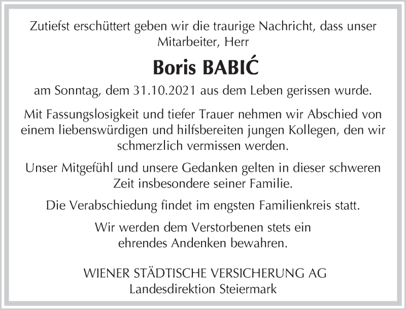 Traueranzeige für Boris Babic vom 11.11.2021 aus Kleine Zeitung