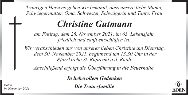  Traueranzeige für Christine Gutmann vom 30.11.2021 aus Kleine Zeitung