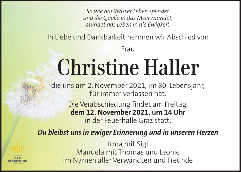  Traueranzeige für Christine Haller vom 07.11.2021 aus Kleine Zeitung