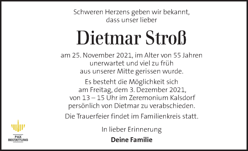  Traueranzeige für Dietmar Stroß vom 01.12.2021 aus Kleine Zeitung