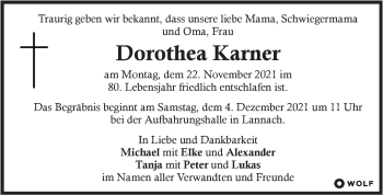 Traueranzeige von Dorothea Karner von Kleine Zeitung