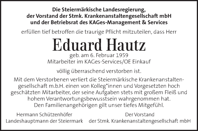  Traueranzeige für Eduard Hautz vom 17.11.2021 aus Kleine Zeitung
