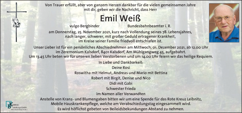  Traueranzeige für Emil Weiß vom 28.11.2021 aus Kleine Zeitung