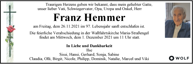  Traueranzeige für Franz Hemmer vom 30.11.2021 aus Kleine Zeitung