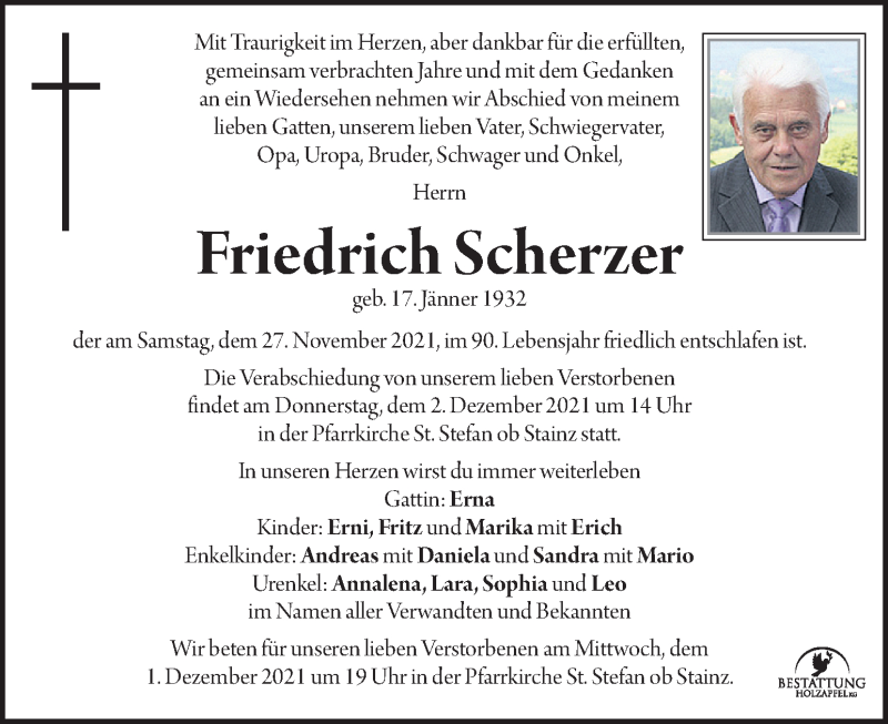  Traueranzeige für Friedrich Scherzer vom 30.11.2021 aus Kleine Zeitung