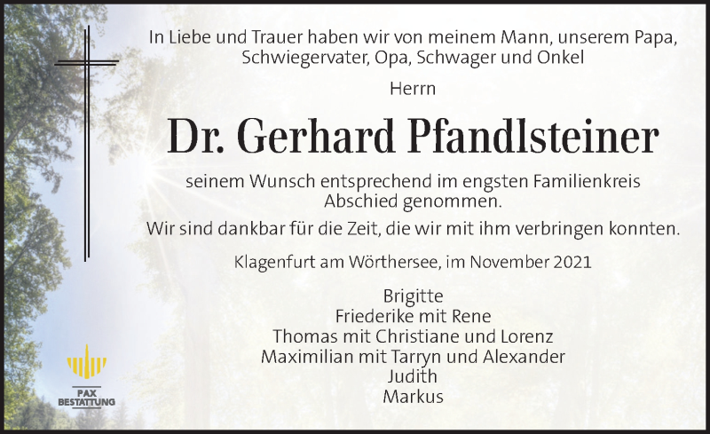  Traueranzeige für Gerhard Pfandlsteiner vom 06.11.2021 aus Kleine Zeitung