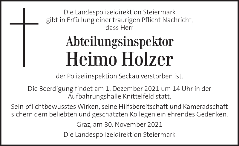  Traueranzeige für Heimo Holzer vom 01.12.2021 aus Kleine Zeitung