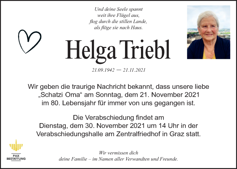  Traueranzeige für Helga Triebl vom 25.11.2021 aus Kleine Zeitung