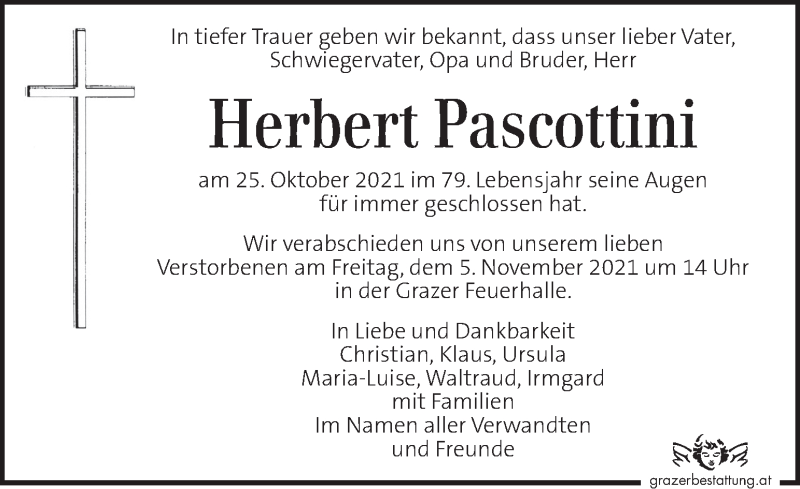  Traueranzeige für Herbert Pascottini vom 03.11.2021 aus Kleine Zeitung