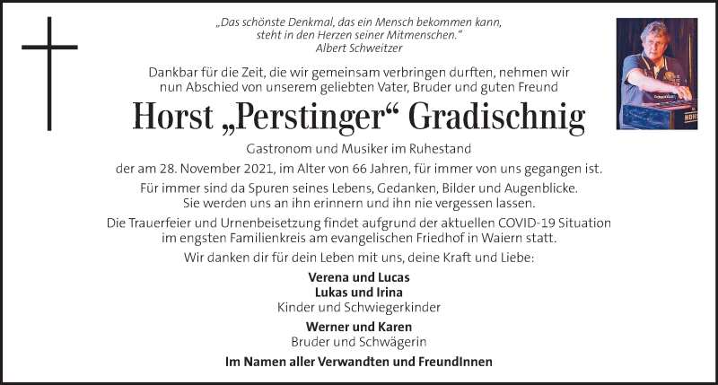 Traueranzeige für Horst Gradischnig vom 01.12.2021 aus Kleine Zeitung