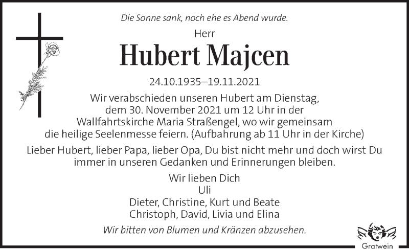  Traueranzeige für Hubert Majcen vom 25.11.2021 aus Kleine Zeitung