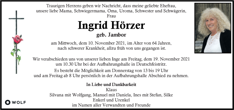  Traueranzeige für Ingrid Hörzer vom 14.11.2021 aus Kleine Zeitung