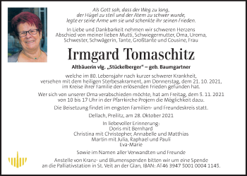 Traueranzeige von Irmgard Tomaschitz von Kleine Zeitung