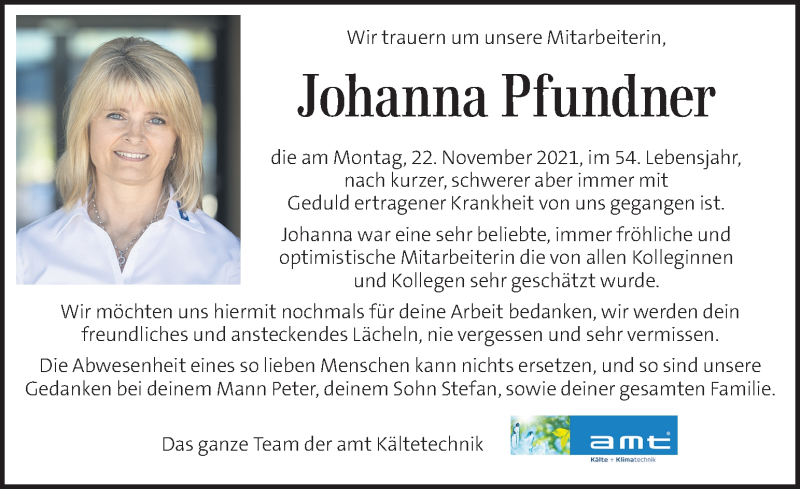  Traueranzeige für Johanna Pfundner vom 26.11.2021 aus Kleine Zeitung