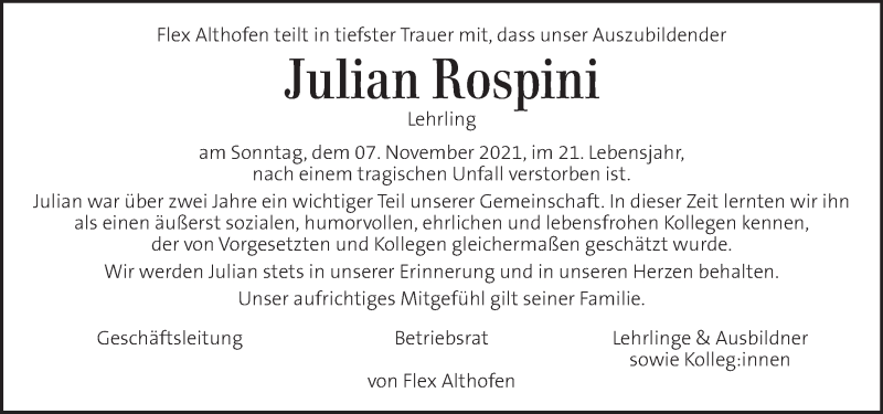 Traueranzeige für Julian Rospini vom 10.11.2021 aus Kleine Zeitung